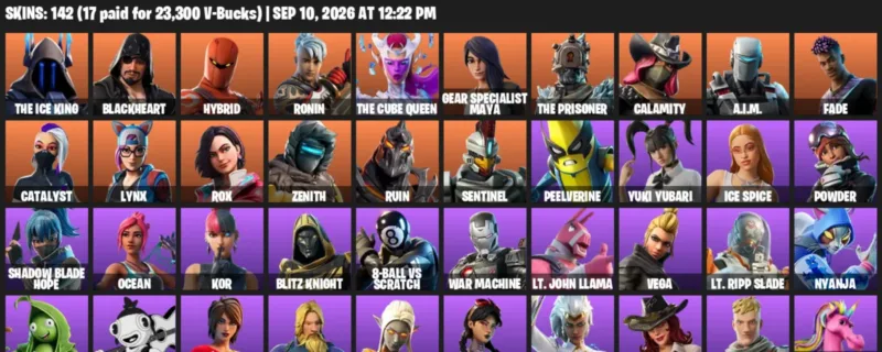 Fortnite account inventory for LVL 1800 - The Ice King - Blackheart - 142 Outfits