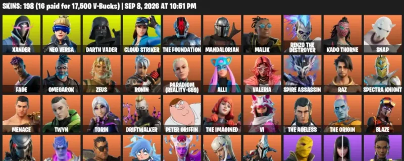 Fortnite account inventory for LVL 3018 - Xander - Neo Versa - 198 Outfits