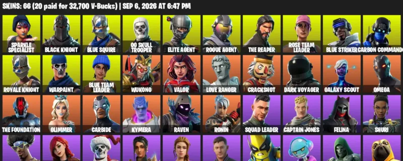 Fortnite account inventory for LVL 887 - Sparkle Specialist - Black Knight - 66 Outfits