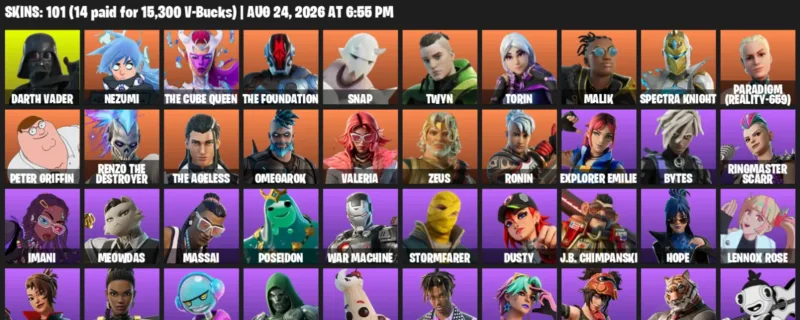 Fortnite account inventory for LVL 2529 - Darth Vader - Nezumi - 101 Outfits