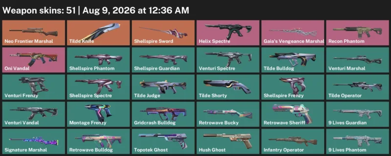 Valorant account inventory for LVL 151 · Tilde Knife & 9 Lives Phantom