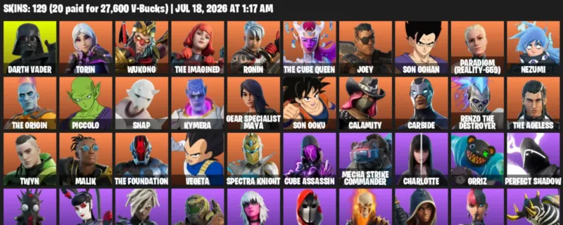 Fortnite Accounts listing: LVL 1229 - Darth Vader - Torin - 129 Outfits - 129 outfits