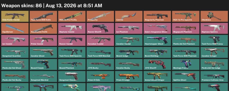 Valorant account inventory for LVL 151 · Xenohunter Knife & 86 Skins Task Force 809 Knife