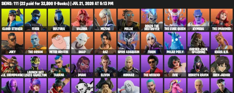 Fortnite Accounts listing: LVL 1309 - Cloud Striker - Fixer - 111 Outfits - 111 outfits