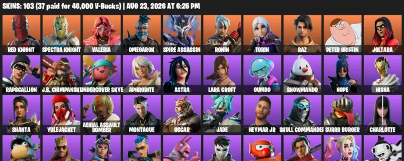 Fortnite account inventory for LVL 1652 - Red Knight - Spectra Knight - 103 Outfits