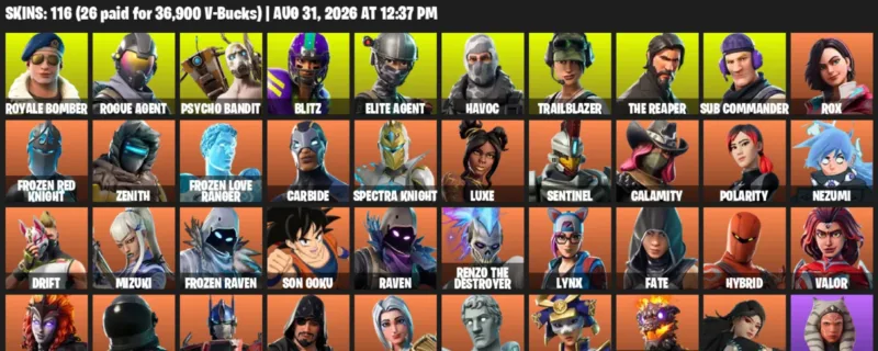 Fortnite account inventory for LVL 814 - Royale Bomber - Rogue Agent - 116 Outfits