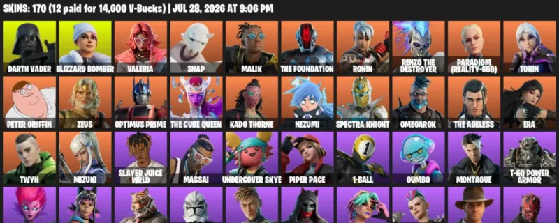 Fortnite Accounts listing: LVL 3755 - Darth Vader - Blizzard Bomber - 170 Outfits - 170 outfits