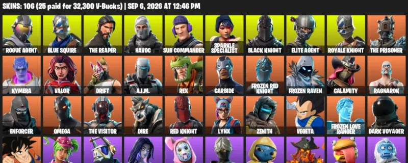 Fortnite account inventory for LVL 1376 - Rogue Agent - Blue Squire - 106 Outfits