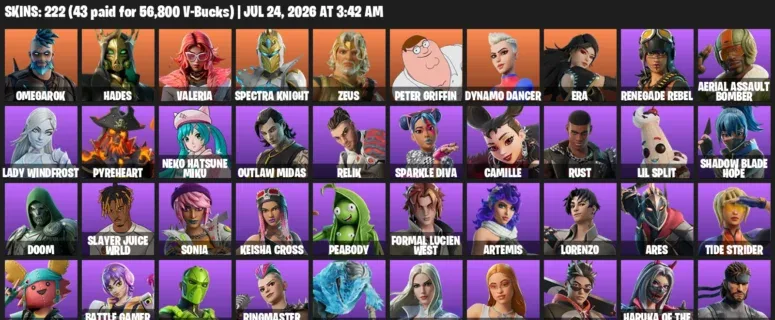 Fortnite Accounts listing: LVL 1363 - Omegarok - Hades - 222 Outfits - 222 outfits