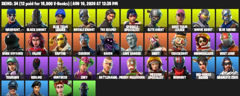 Fortnite account inventory for LVL 267 - Warpaint - Black Knight - 34 Outfits