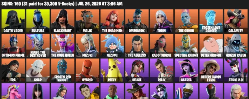 Fortnite Accounts listing: LVL 3091 - Darth Vader - Sultura - 160 Outfits - 160 outfits