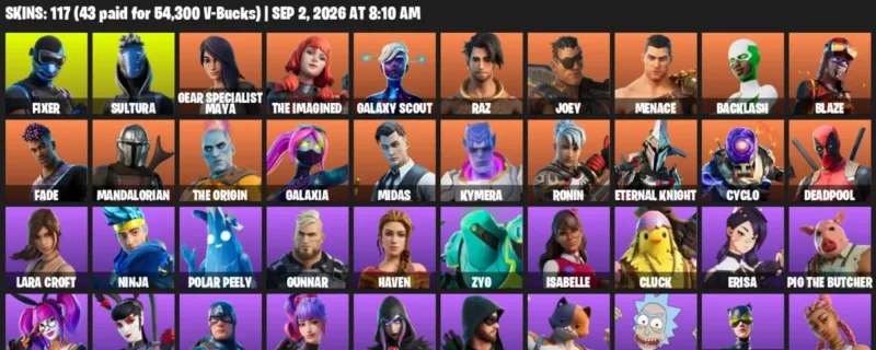 Fortnite account inventory for LVL 2523 - Fixer - Sultura - 117 Outfits