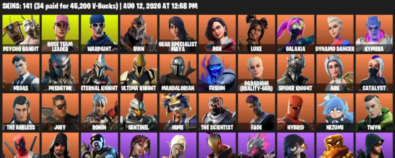 Fortnite account inventory for LVL 2576 - Psycho Bandit - Rose Team Leader - 141 Outfits