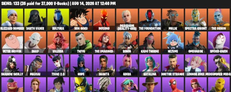 Fortnite account inventory for LVL 2284 - Blizzard Bomber - Darth Vader - 133 Outfits