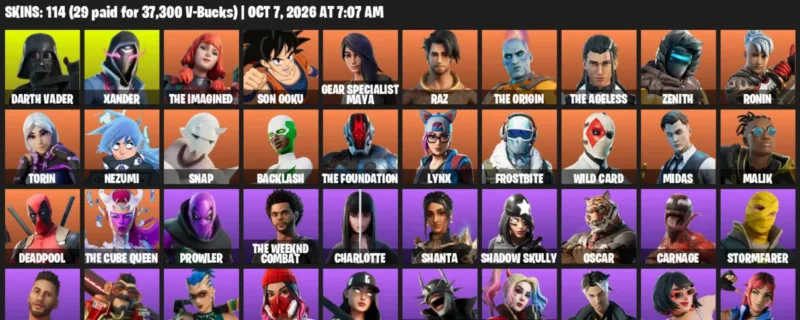 Fortnite account inventory for Darth Vader - Xander - 114 Outfits