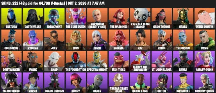 Fortnite account inventory for Sultura - Darth Vader - 120 Outfits