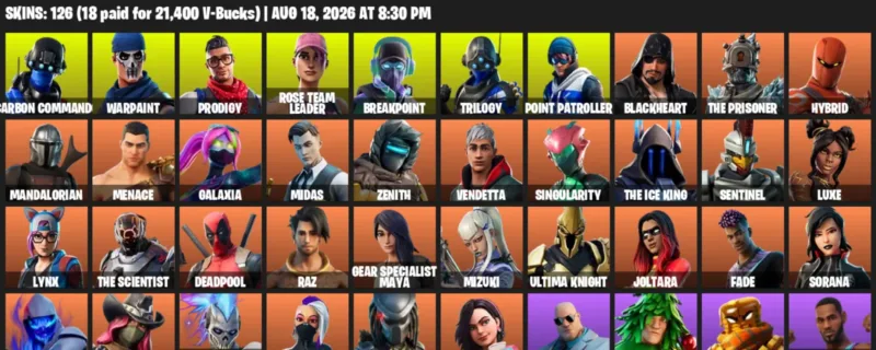 Fortnite account inventory for LVL 1371 - Carbon Commando - Warpaint - 126 Outfits
