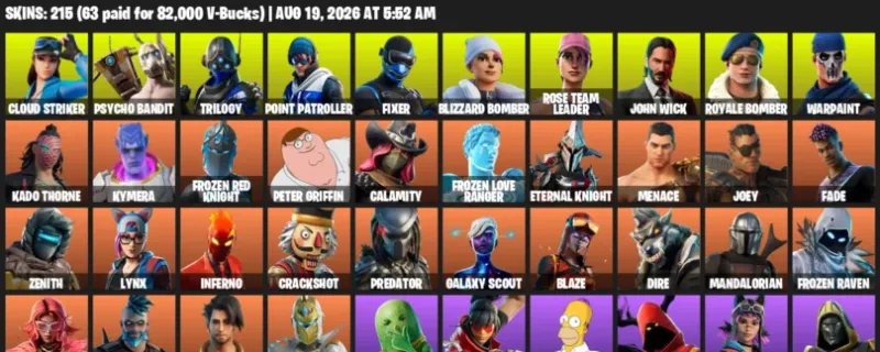 Fortnite account inventory for LVL 2607 - Cloud Striker - Psycho Bandit - 215 Outfits
