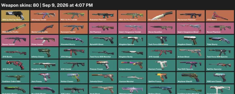 Valorant account inventory for LVL 326 · Nocturnum Scythe & Kingdom Knife