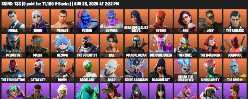 Fortnite account inventory for LVL 2552 - Midas - Torin - 138 Outfits