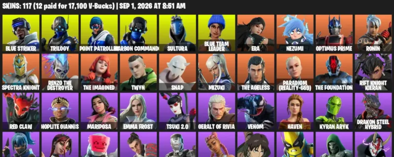 Fortnite account inventory for LVL 1259 - Blue Striker - Trilogy - 117 Outfits
