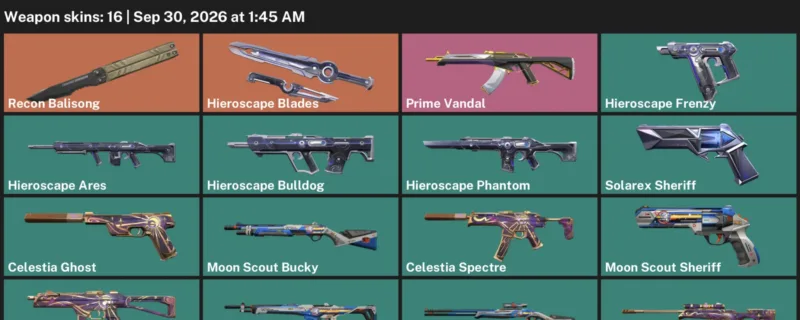Valorant account inventory for LVL 42 · Celestia Operator & Hieroscape Blades