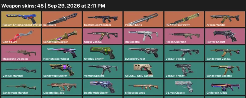 Valorant account inventory for LVL 214 · Arcane Vandal & Bolt Knife & Sandswept Dagger