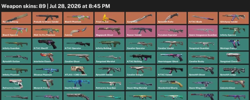 Valorant Accounts listing: LVL 247 · Byteshift Knife & K/TAC Blade · 89 Skins - Platinum 3, 89 skins