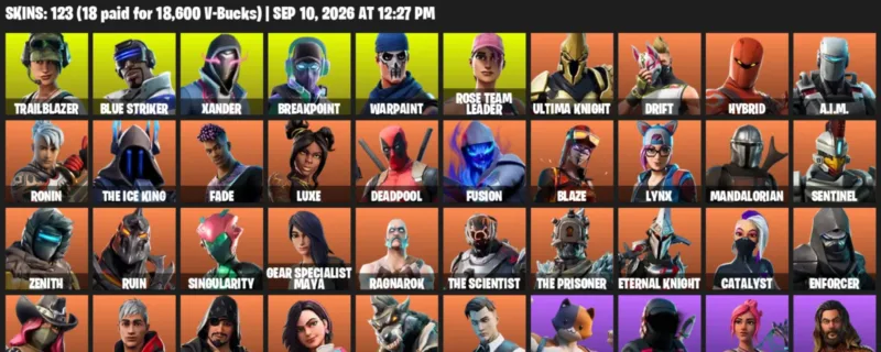 Fortnite account inventory for LVL 1639 - Trailblazer - Blue Striker - 123 Outfits