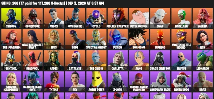Fortnite account inventory for LVL 2813 - Trilogy - Oppressor - 260 Outfits