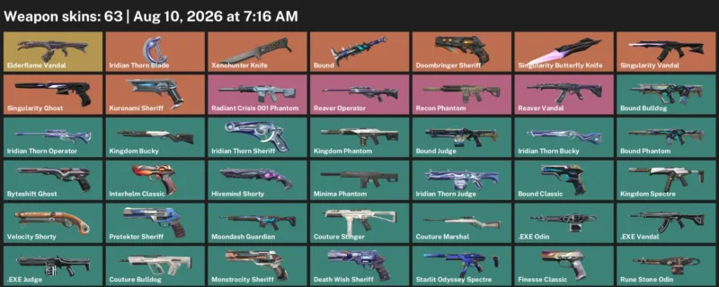 Valorant account inventory for LVL 267 · Xenohunter Knife & Singularity Butterfly Knife
