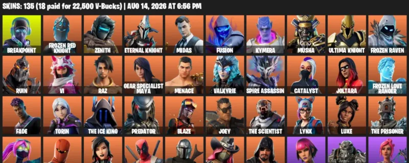 Fortnite account inventory for LVL 2391 - Breakpoint - Frozen Red Knight - 135 Outfits