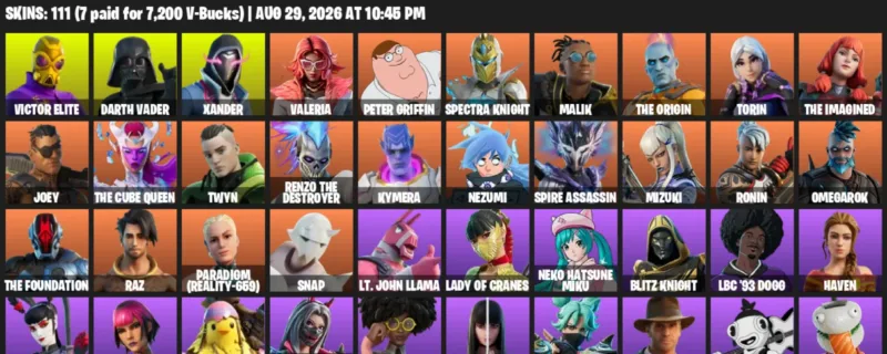 Fortnite account inventory for LVL 1843 - Victor Elite - Darth Vader - 111 Outfits