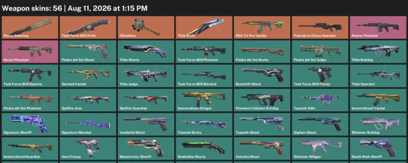 Valorant account inventory for LVL 214 · Tilde Knife & 56 Skins Task Force 809 Knife
