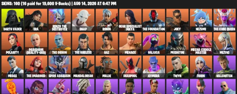 Fortnite account inventory for LVL 2026 - Darth Vader - Era - 160 Outfits