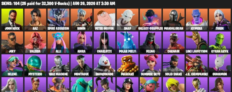 Fortnite account inventory for LVL 1318 - John Wick - Raz - 104 Outfits