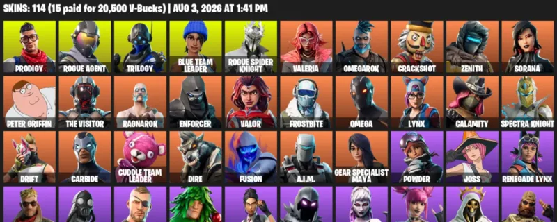 Fortnite account inventory for LVL 1398 - Prodigy - Rogue Agent - 114 Outfits