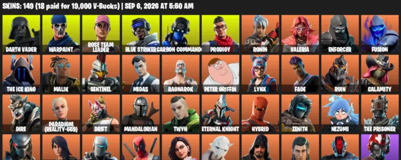 Fortnite account inventory for LVL 2215 - Darth Vader - Warpaint - 149 Outfits