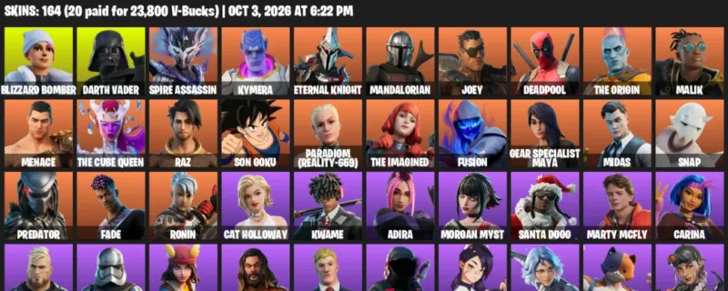 Fortnite account inventory for Blizzard Bomber - Darth Vader - 120 Outfits