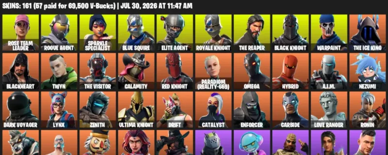 Fortnite Accounts listing: LVL 1718 - Rose Team Leader - Rogue Agent - 161 Outfits - 161 outfits