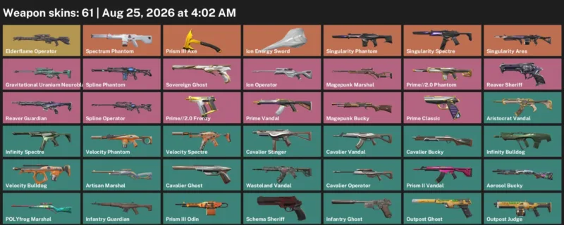 Valorant account inventory for LVL 27 · Aristocrat Vandal & Ion Energy Sword