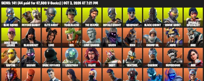 Fortnite account inventory for Blue Squire - Psycho Bandit - 120 Outfits