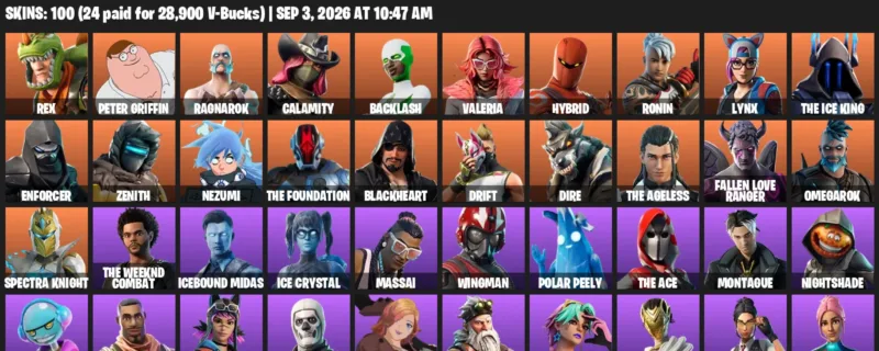 Fortnite account inventory for LVL 938 - Rex - Peter Griffin - 100 Outfits