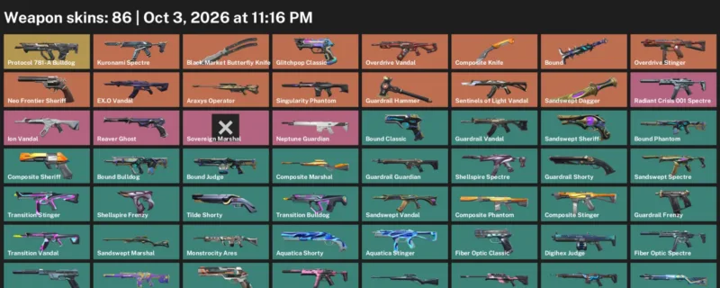 Valorant account inventory for LVL 120 · Araxys Operator & Composite Knife