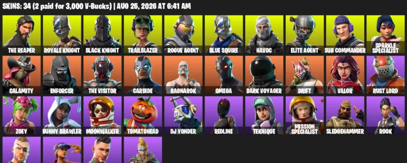 Fortnite account inventory for LVL 285 - The Reaper - Royale Knight - 34 Outfits
