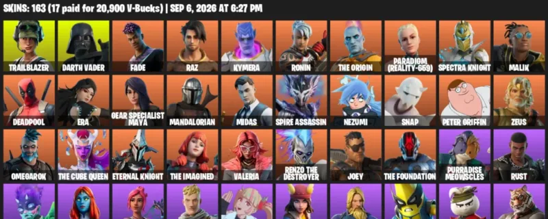 Fortnite account inventory for LVL 2283 - Trailblazer - Darth Vader - 163 Outfits
