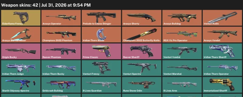 Valorant account inventory for LVL 68 · Venturi Knife & Iridian Thorn Blade