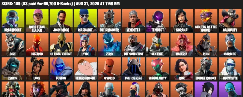 Fortnite account inventory for LVL 1058 - Breakpoint - Rose Team Leader - 149 Outfits