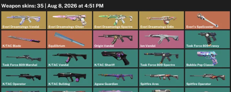 Valorant account inventory for LVL 158 · Tac Blade & Evori Dreamwings Vandal