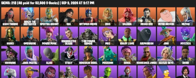 Fortnite account inventory for LVL 4392 - Kado Thorne - Renzo the Destroyer - 218 Outfits